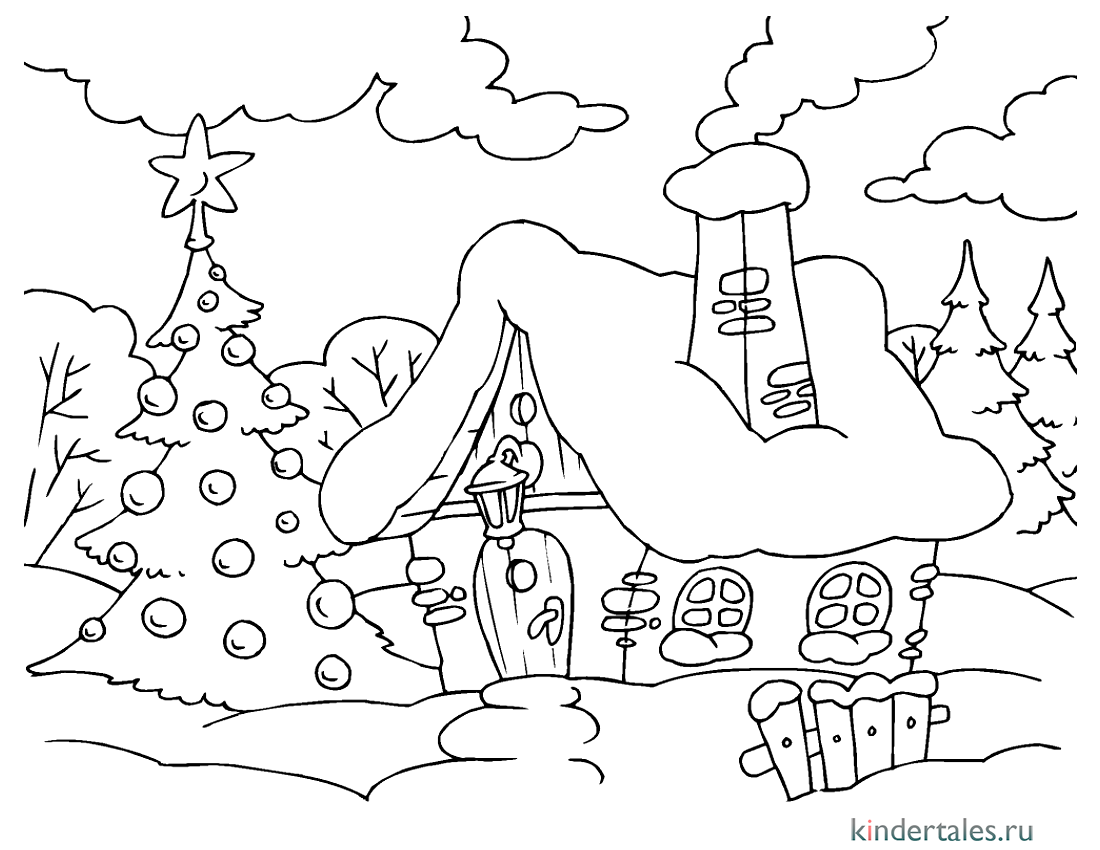 Раскраска зимний домик в снегу для детей распечатать